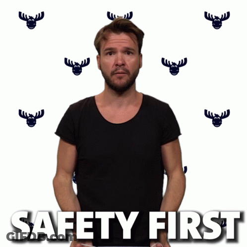Man With Mask On Head Saying Safety First GIF