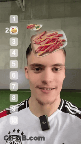 Man With Microphone Carrying Tray Of Food On Head GIF