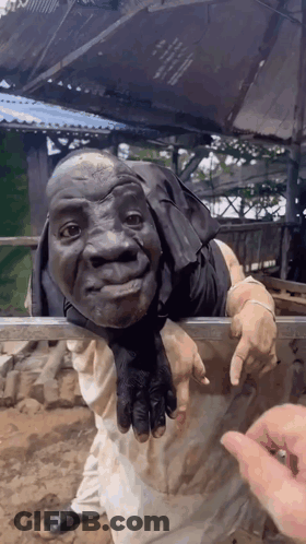 Man With Monkey Head Looking Over Fence GIF