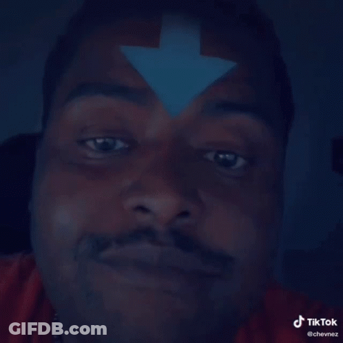 Man With Mustache And Blue Arrow On Forehead GIF