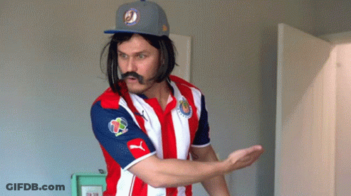 Man With Mustache And Wig In Chivas Shirt GIF