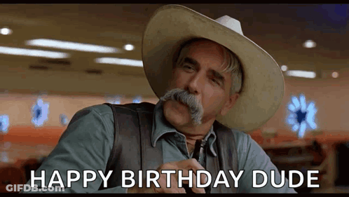 Man With Mustache Cowboy Hat And Vest Says Happy Birthday GIF