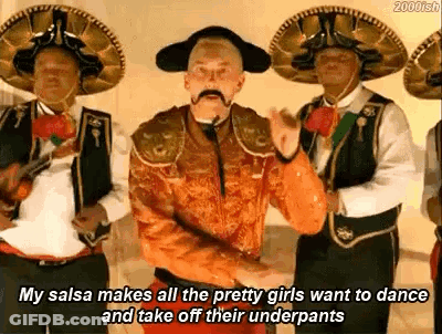 Man With Mustache Dancing In Front Of Mariachi GIF