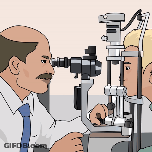 Man With Mustache Examining Another Man's Eyes GIF
