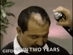Man With Mustache Getting Hair Sprayed GIF