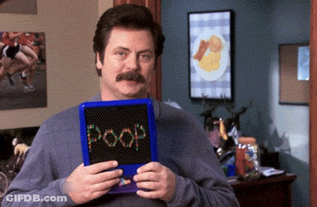 Man With Mustache Holding Blue Box Saying Poop GIF