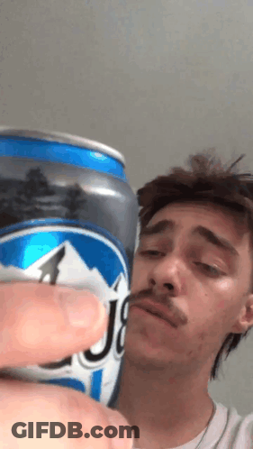 Man With Mustache Holding Blue J8 Beer GIF