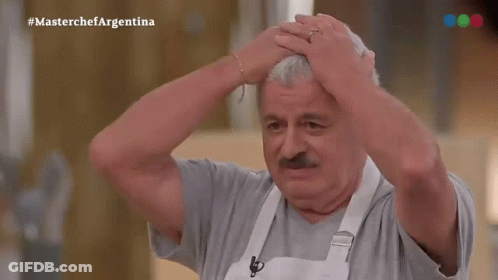 Man With Mustache Holding Head In Front Of MasterChef Argentina Logo GIF