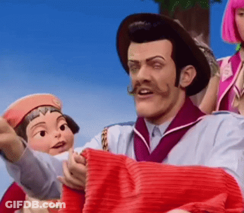 Man With Mustache Holding Red Blanket Next To Cartoon Character GIF