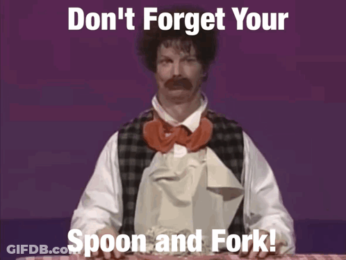 Man With Mustache Holding Spoon And Fork GIF