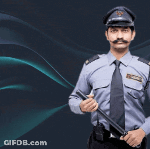 Man With Mustache Holding Stick In Front Of Kerennya Sign GIF