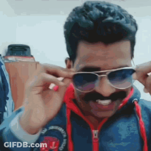 Man With Mustache In Blue Jacket And Sunglasses GIF