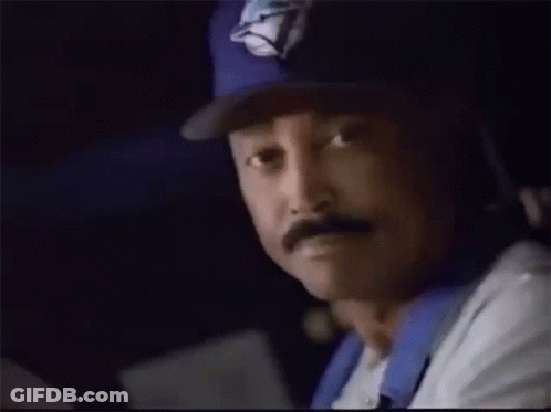 Man With Mustache In Blue Jays Hat Looking GIF