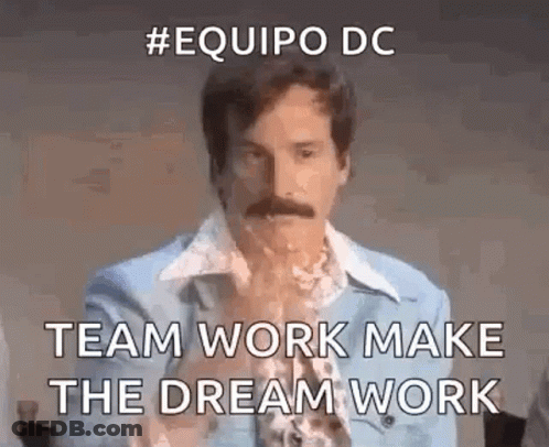 Man With Mustache In Blue Suit Saying Team Work Make Dream Work GIF