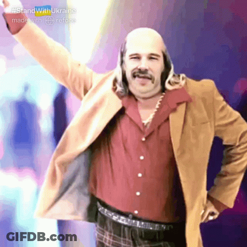 Man With Mustache In Brown Jacket And Red Shirt GIF