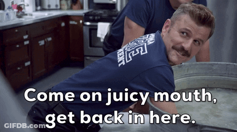 Man With Mustache In Kitchen Saying Come On Juicy Mouth GIF