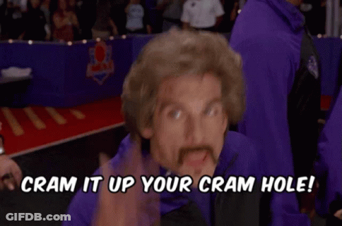 Man With Mustache In Purple Jacket Saying Cram It Up Your Cram Hole GIF