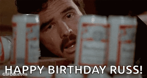 Man With Mustache Looking At Beer Cans Happy Birthday Russ GIF