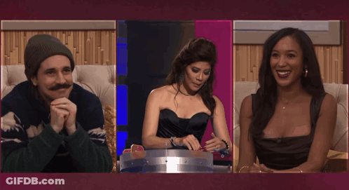 Man With Mustache Next To Woman In Strapless Dress GIF