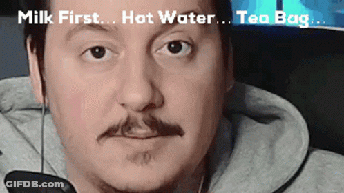 Man With Mustache Saying Milk First Hot Water Tea Bag GIF