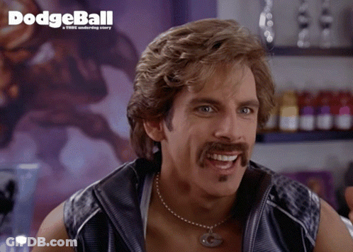 Man With Mustache Smiling In Front Of Dodgeball Poster GIF