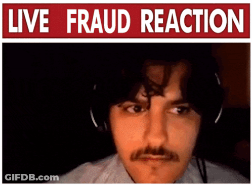 Man With Mustache Wearing Headphones Under Live Fraud Reaction Sign GIF