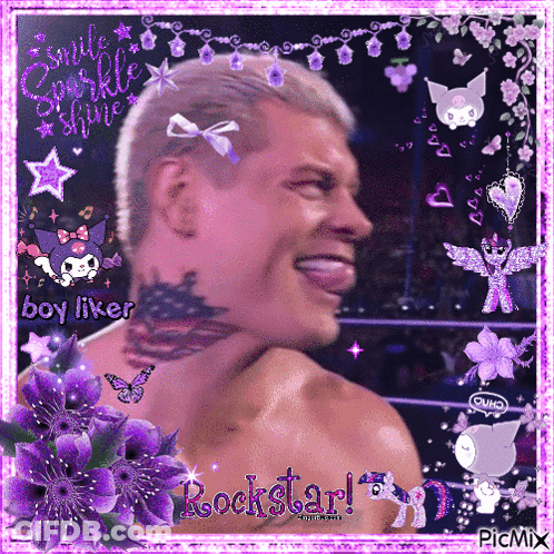 Man With Neck Tattoo Surrounded By Purple Flowers Rockstar GIF