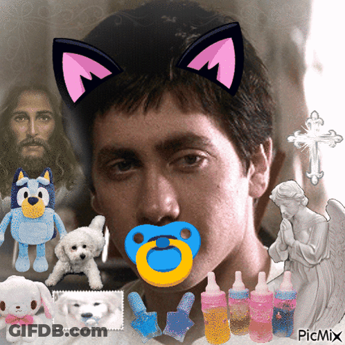 Man With Pacifier Surrounded By Stuffed Animals And Cross GIF