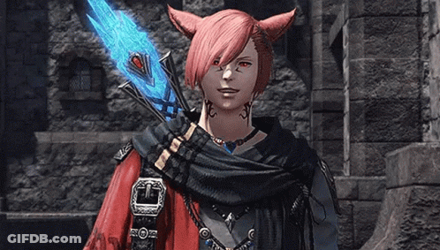Man With Pink Hair And Red Eyes Holding Blue Sword GIF