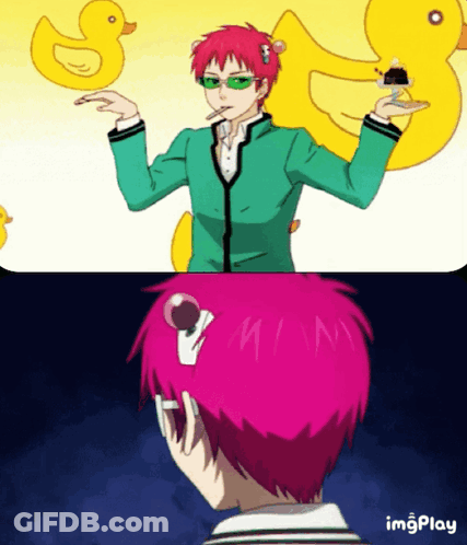 Man With Pink Hair Holding Cake And Rubber Duck GIF