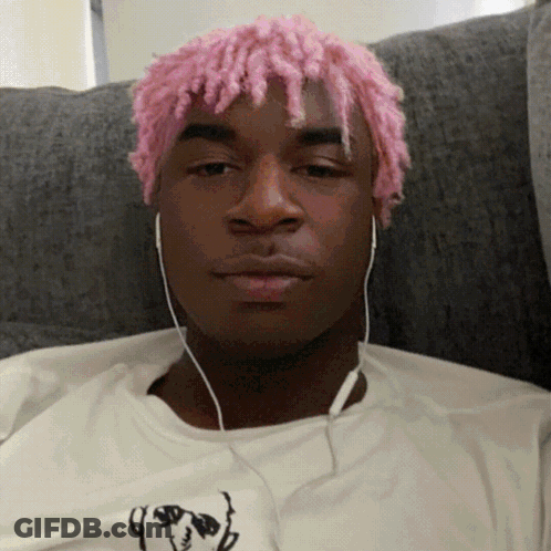 Man With Pink Hair Wearing Headphones And White Shirt With Dog GIF