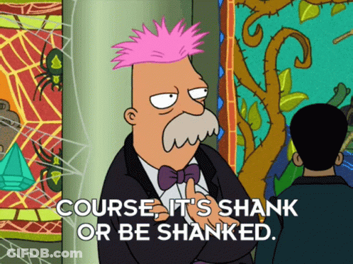Man With Pink Mohawk Says Course It's Shank Or Be Shanked GIF