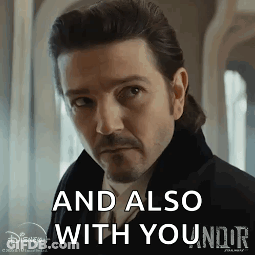 Man With Ponytail And Beard Says And Also With You GIF