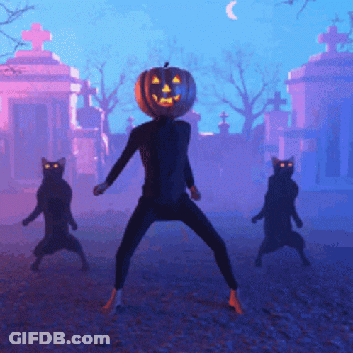 Man With Pumpkin Head Dancing In Cemetery GIF