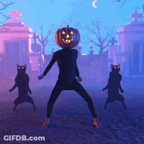 Man With Pumpkin Head Dancing In Cemetery GIF