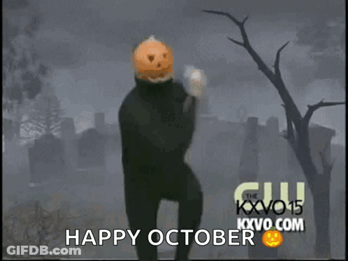 Man With Pumpkin Head Dancing In Front Of Cemetery Saying Happy October GIF