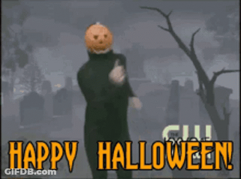 Man With Pumpkin Head In Cemetery Happy Halloween GIF