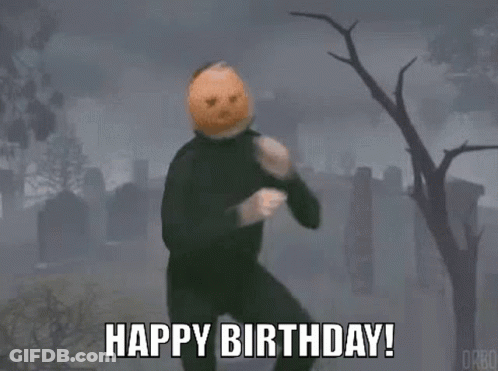 Man With Pumpkin Head Running In Cemetery Saying Happy Birthday GIF