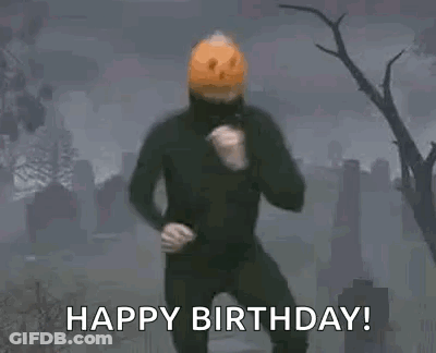 Man With Pumpkin On Head Dancing In Cemetery Happy Birthday GIF