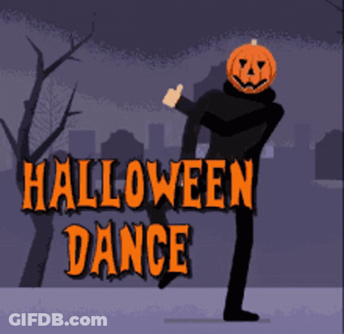 Man With Pumpkin On Head Dancing In Front Of Halloween Dance Sign GIF