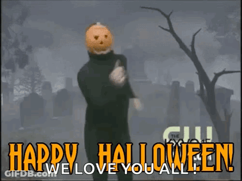 Man With Pumpkin On Head Running In Cemetery Happy Halloween We Love You All GIF