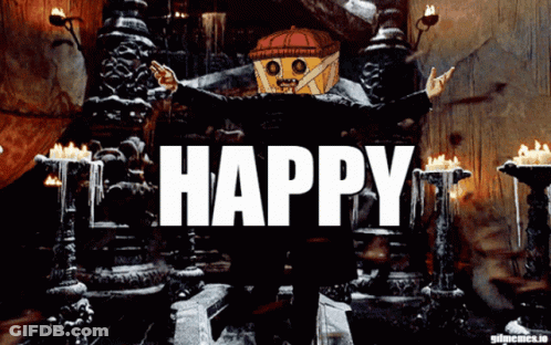 Man With Pumpkin On Head Sitting On Throne Says Happy GIF
