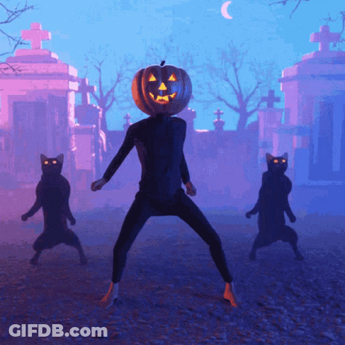 Man With Pumpkin On Head Surrounded By Black Cats In Cemetery GIF