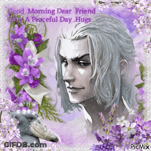 Man With Purple Flowers Says Good Morning Dear Friend GIF