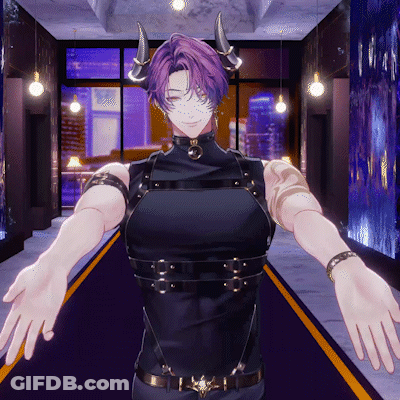 Man With Purple Hair And Horns Standing In Hallway GIF