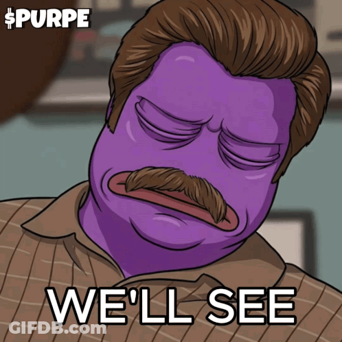 Man With Purple Hair And Mustache Saying We'll See GIF