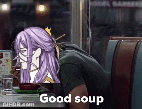 Man With Purple Hair Sitting At Table With Bowl Of Soup Saying Good Soup GIF