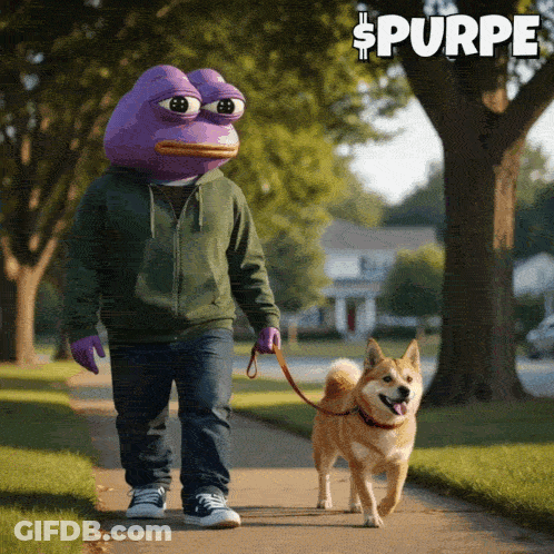 Man With Purple Head Walking A Dog GIF