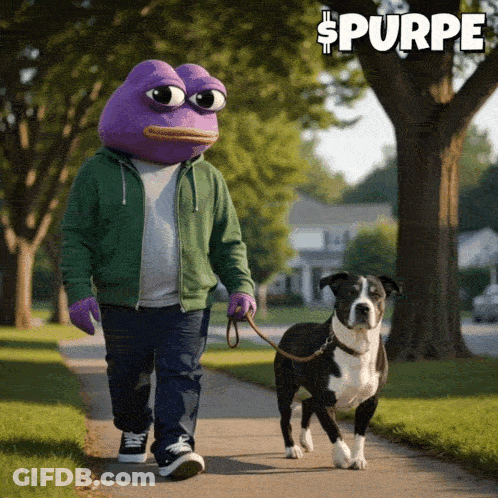 Man With Purple Head Walking Dog GIF