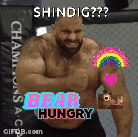 Man With Rainbow And Bear Hungry GIF